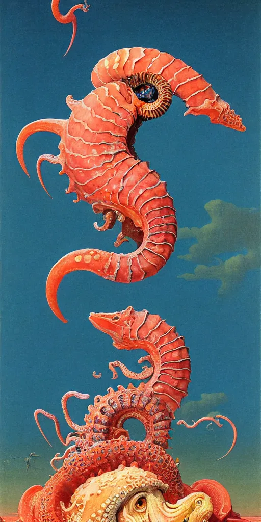 Prompt: portrait of the ammonite skeksis supermodel clad in coral armor biting into a juicy squid, by kawase hasui, dorothea tanning, moebius, edward hopper and james gilleard, aivazovsky, zdzislaw beksinski, steven outram colorful flat surreal design