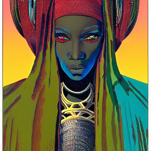 Prompt: african woman, cyberpunk, retro vintage art, cool, 80s, nomad, street style, symmetrical, 2d matte illustration, Stanisław Szukalski + Moebius,