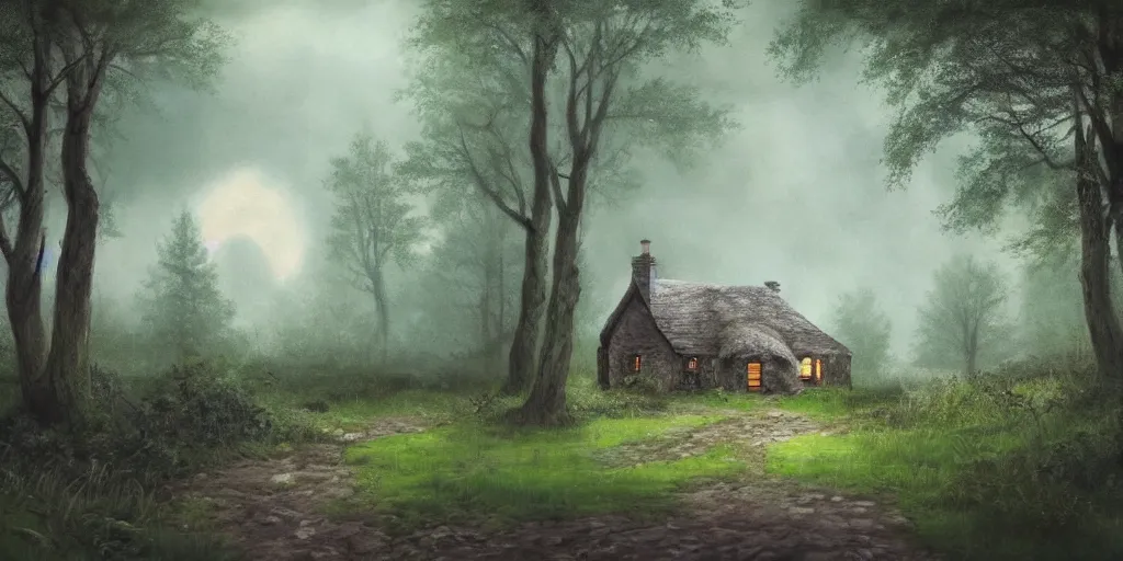 Image similar to a painting of lone cottage in the woods and empty woods, 8k, fantasy, hyper realistic, atmospheric, cinematic