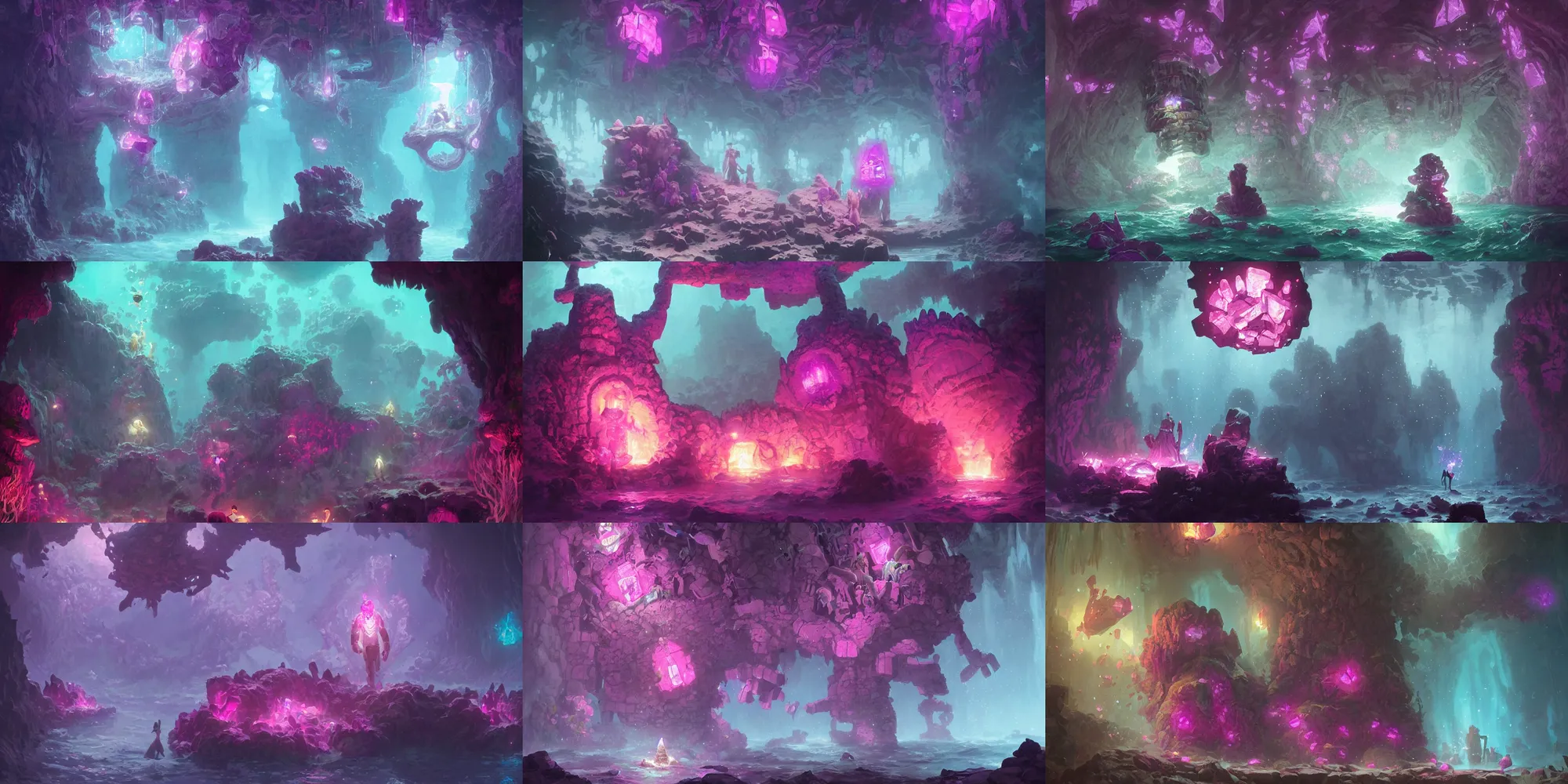 Prompt: crystal golem, d & d 5 e, bright pink purple lights, underwater, watery caverns, art by greg rutkowski