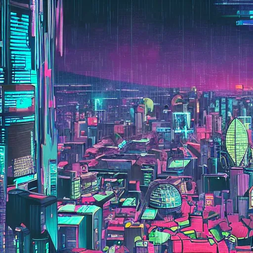 Image similar to city in the style of cyberpunk ontop of a mountain, space sky, anime illustration,