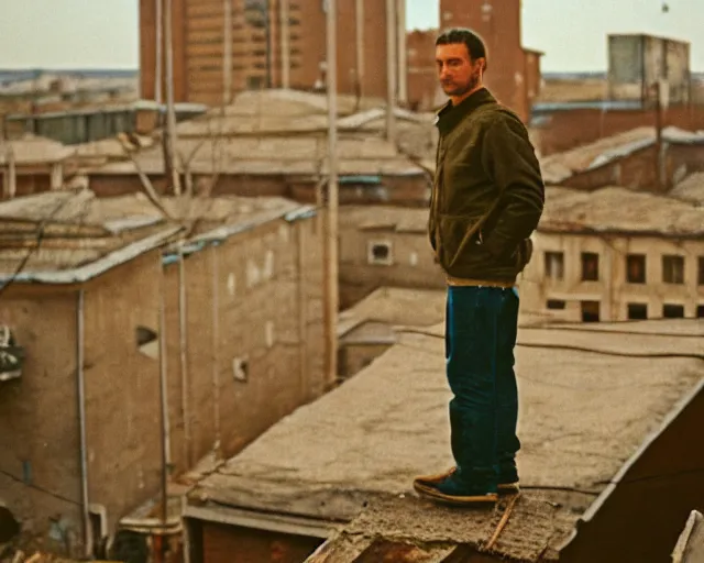 Image similar to lomo photo of man standing on the roof of soviet hrushevka, small town, cinestill, bokeh, out of focus