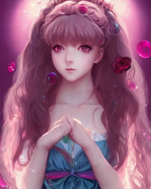 Image similar to portrait of magical lolita girl, dreamy and ethereal, expressive pose, big pink eyes, exciting expression, fantasy, intricate, elegant, many rainbow bubbles, rose tones, highly detailed, anime, artstation, concept art, cyberpunk wearing, smooth, sharp focus, illustration, art by artgerm and greg rutkowskiand alphonse mucha