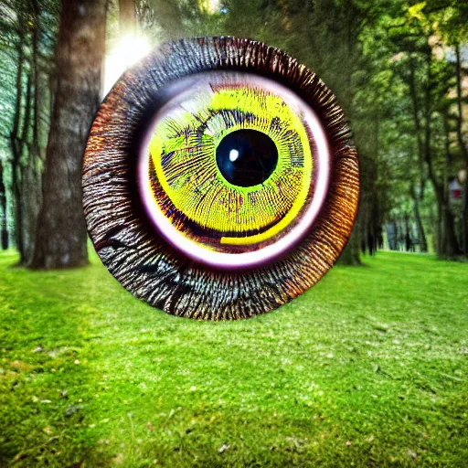 Image similar to a photorealistic picture of a large eyeball in the middle of a park