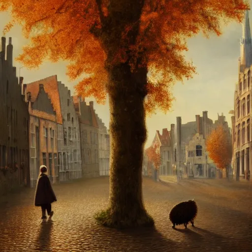 Image similar to 2 hedgehogs walking across the street in Bruges, Belgium, in the style of Greg Rutkowski, autumn, evening, romantic