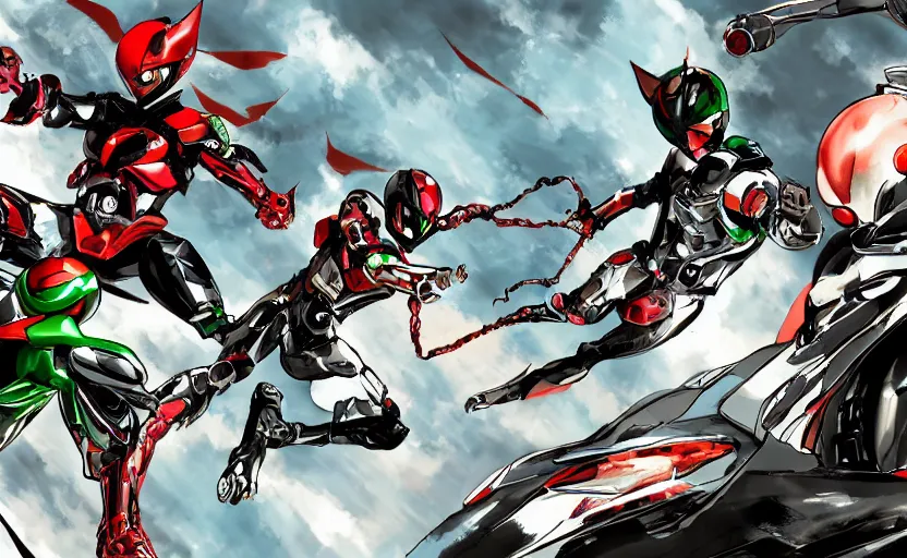 Prompt: Kamen Rider digital painting by Karl Kopinski and Kim Jung Gi, 4k wallpaper