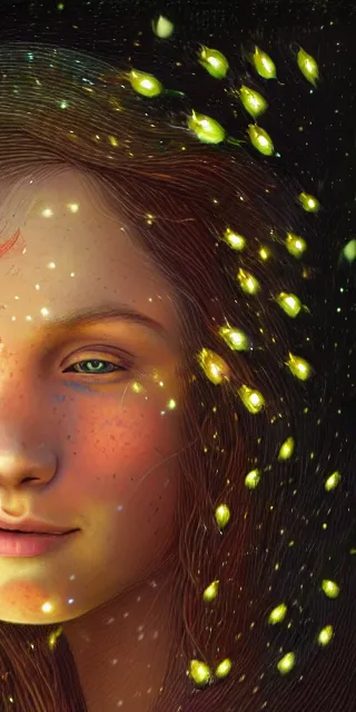 Image similar to infp young woman, smiling amazed, golden fireflies lights, sitting in the midst of nature fully covered, long loose red hair, intricate linework, green eyes, small nose with freckles, oval shape face, realistic, expressive emotions, dramatic lights spiritual scene, hyper realistic ultrafine art by michael cheval, jessica rossier, boris vallejo