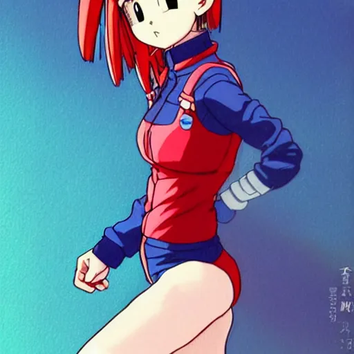 Image similar to a beautiful! boyish! natalie portman bulma from dragonball, alluring gravure! model, wearing hip hop mayan bomber jacket and leotard with native style overalls, bulky poofy bomber jacket with mayan patterns, guilty gear art style, trending on pixiv, painted by makoto shinkai takashi takeuchi studio ghibli, akihiko yoshida