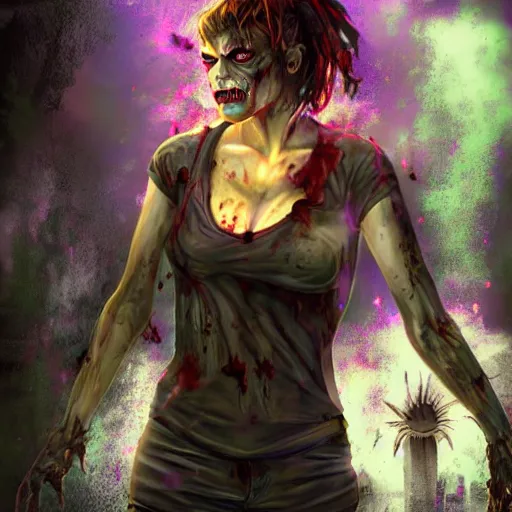 Image similar to angry zombie full body portrait of milla jovovich, new york city background, grimdark horror, stylized digital illustration, radiating a glowing aura, global illumination, ray tracing, hdr, fanart arstation by ian pesty and katarzyna bek - chmiel