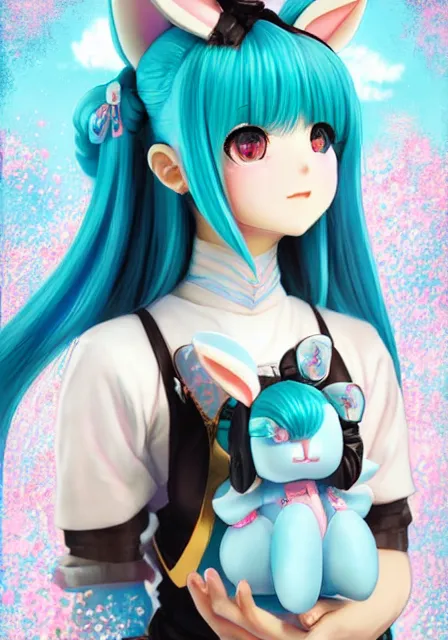 Image similar to hatsune miku with blue bunny hair, holding cinnamoroll from sanrio, intricate, elegant, highly detailed, digital painting, artstation, concept art, smooth, sharp focus, illustration, art by artgerm and greg rutkowski and alphonse mucha and william - adolphe bouguereau