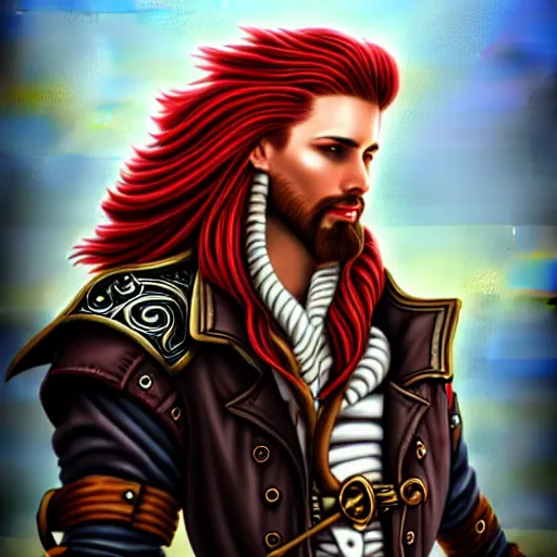 Image similar to male airship pirate with long flowing red hair, steampunk airship flying above the sea, D&D, handsome, side profile, fantasy, intricate, long hair, leather coat, gold earring, red hair, elegant, highly detailed, digital painting, artstation, atmospheric lighting, concept art, smooth, sharp focus, illustration, art by artgerm and greg rutkowski and alphonse mucha