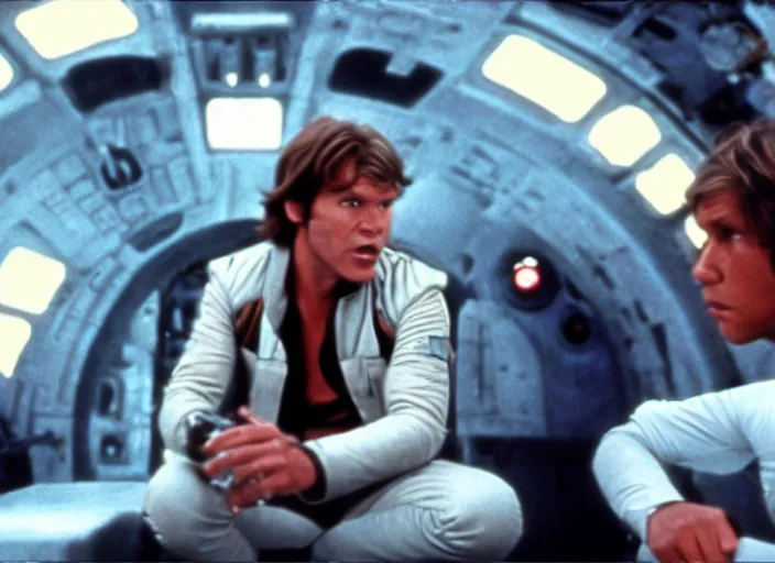 Prompt: screenshot of Han Solo on the millenium falcon talking to a hologram of Luke Skywalker iconic scene from the 1970s sci fi thriller directed by Stanely Kubrick film, color kodak, ektochrome, anamorphic lenses, detailed faces, moody cinematography