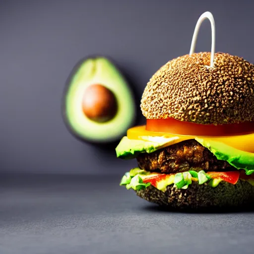 Image similar to juicy vegan hamburger topped with avocado onion and a vegan fried egg, crispy buns, 8 k resolution, food photography, studio lighting, sharp focus, hyper - detailed