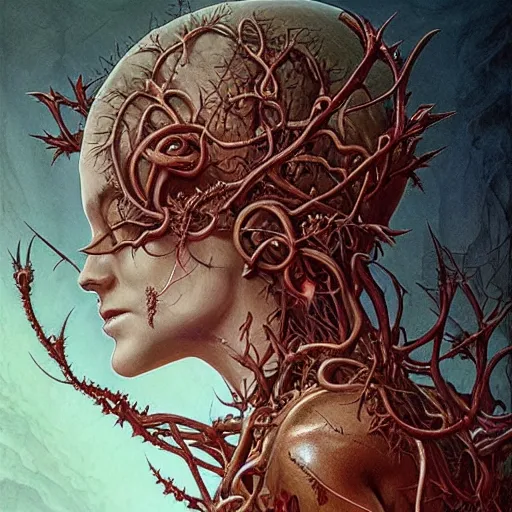 Prompt: centered horrific detailed side view profile portrait of the angel of death, ornamentation, thorns, vines, elegant, beautifully soft lit, full frame, by wayne barlowe, peter mohrbacher, kelly mckernan, h r giger