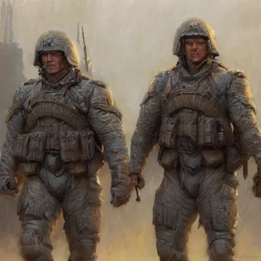 Image similar to Henry Cavill and Arnold Schwarzenegger as soldiers, character art by Donato Giancola, Craig Mullins, digital art, trending on artstation