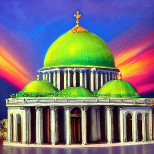 Prompt: beautiful hyper realistic synagogue in a sunny city, large green dome, impressionist style, sunset, dramatic lighting