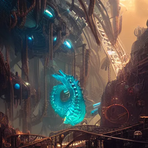 Image similar to a seafloor view of a giant seahorse swimming above the overpopulated steampunk sci-fi city of Atlantis by Cedric Peyravernay, highly detailed, full view of seahorse, excellent composition, cinematic concept art, rich dramatic lighting, trending on ArtStation