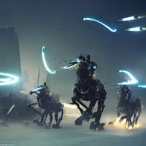 Image similar to The charge of the light brigade with robotic horses, steampunk, dramatic lighting, heavy weapons fire, energy weapons, light fog, by Makoto Shinkai and Ruan Jia