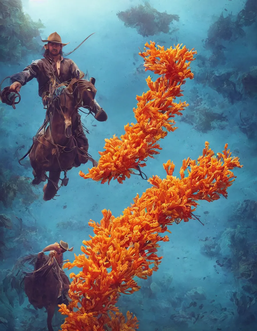 Image similar to a cowboy turning into blooms in real life. tropical sea slugs. bold complementary colors. volumetric lighting, beautiful, golden hour, sharp focus, ultra detailed, cgsociety by leesha hannigan, ross tran, thierry doizon, kai carpenter, ignacio fernandez rios, noir art house, 4 k, 3 5 mm, fujifilm