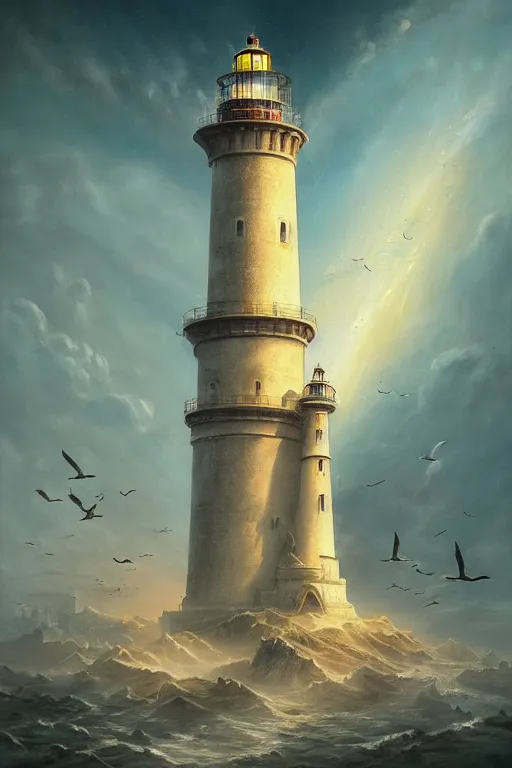 Prompt: Detailed Exterior Shot of The Majestic Lighthouse of Alexandria, light of god, light shafts, flock of birds, stunning atmosphere, in Style of Peter Mohrbacher, cinematic lighting