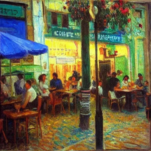 Image similar to “ sunlit café in Tel Aviv, busy, daytime, happy, in the style of Monet”