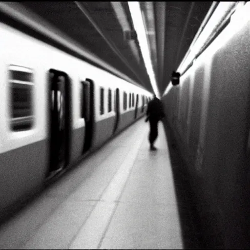 Prompt: ominous grainy surveillance photo still of scary monster in style of trevor henderson inside toronto subway