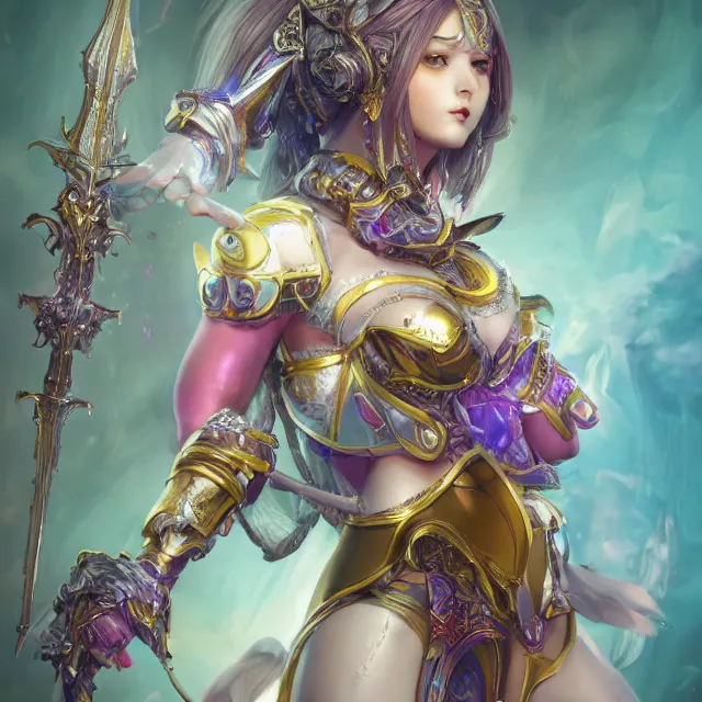 Image similar to studio portrait of lawful good colorful female divine mech paladin as absurdly beautiful, elegant, young sensual gravure idol, ultrafine hyperrealistic detailed face illustration by kim jung gi, irakli nadar, intricate linework, sharp focus, bright colors, matte, octopath traveler, final fantasy, unreal engine highly rendered, global illumination, radiant light, intricate environment