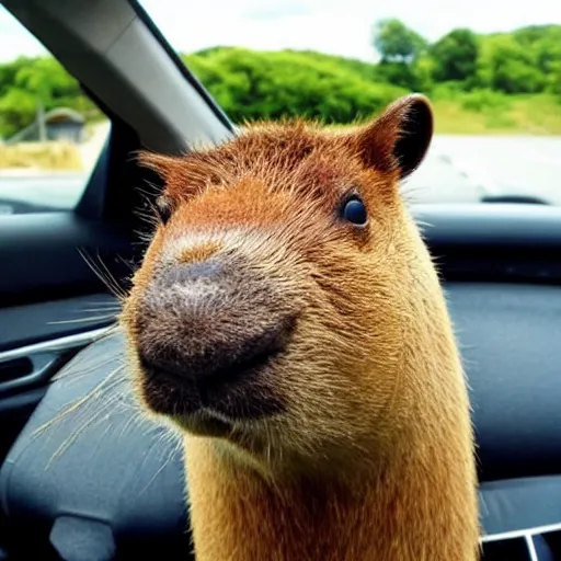 Prompt: Capybara driving a car listening to 'okay, i pull up'