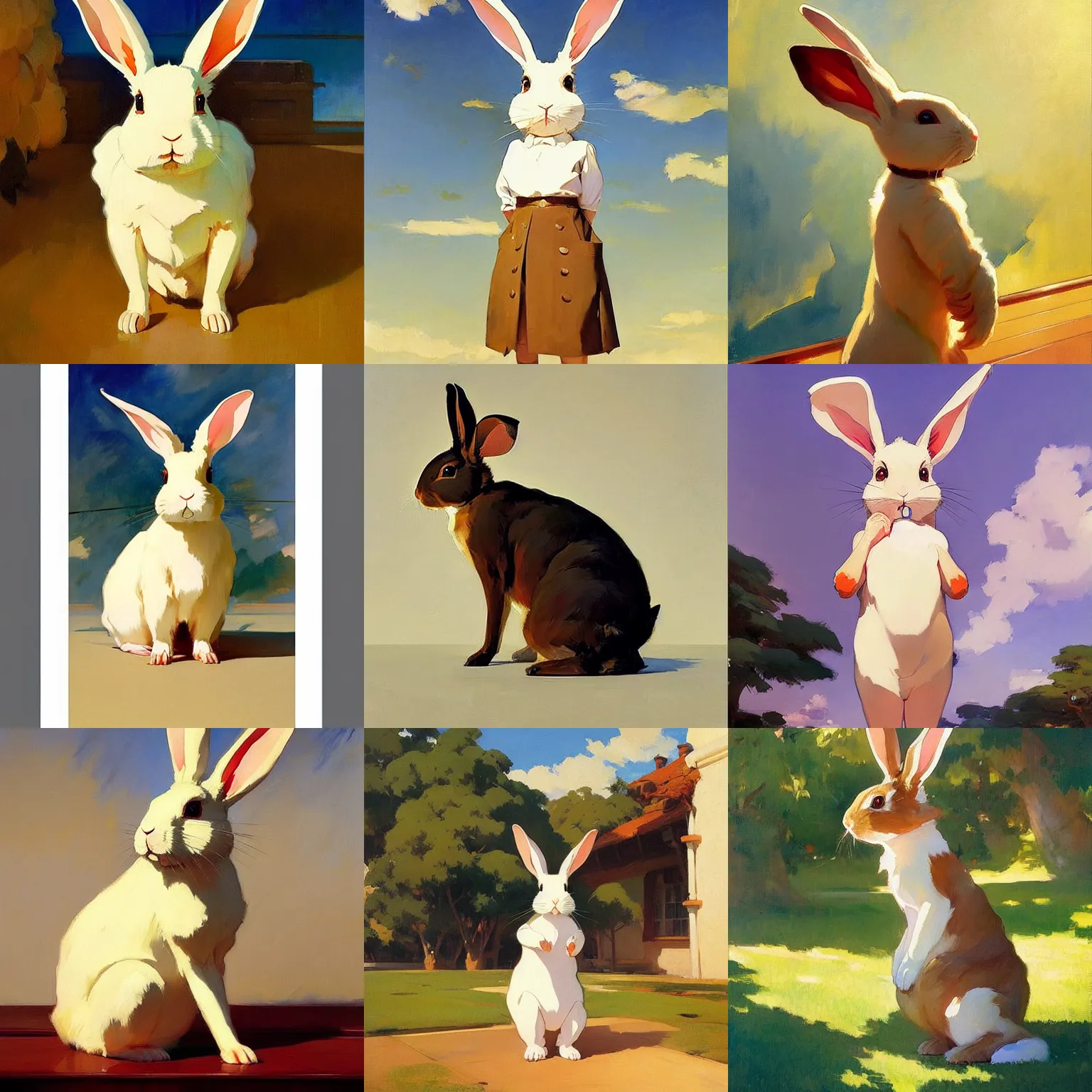 Image similar to a rabbit with ears down standing up by studio ghibli painting by joaquin sorolla rhads leyendecker an aesthetically pleasing dynamic energet