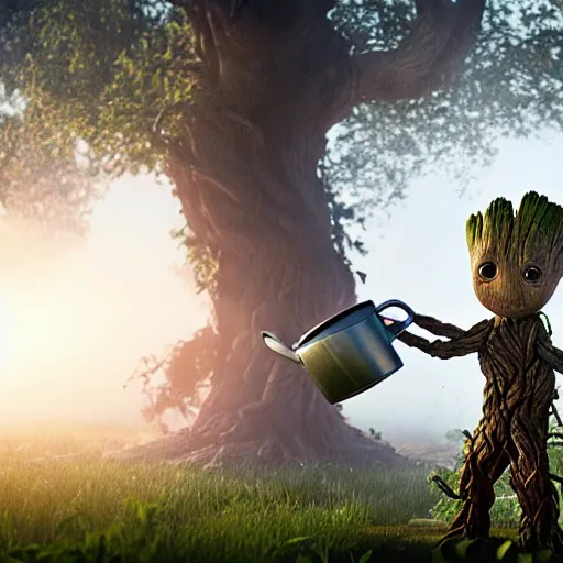 Prompt: photorealistic shot of Groot watering The earth with a watering can, octane render, unreal engine 4k, volumetric light, fog, detailed,