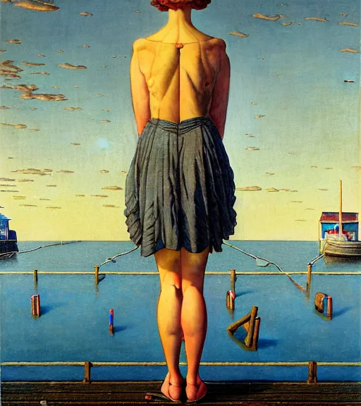 Image similar to a fancy beautiful young lady standing on a wharf at the edge of the sea by rob gonsalves and brom and gil elvgren and jean delville and william blake and norman rockwell and dan mumford, crisp details, hyperrealism, high detail, high contrast, low light, grey mist, cobblestones, dim lantern