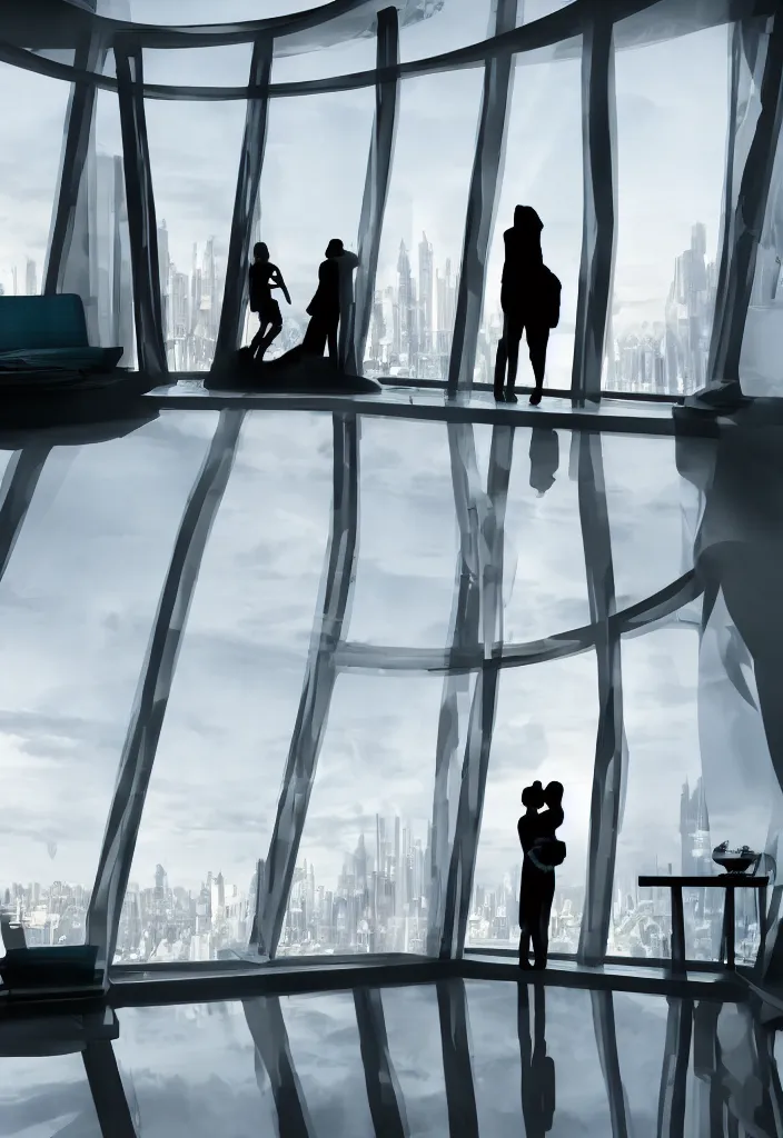 Image similar to silhouette of a couple in a futuristic appartment, window with a futuristic city, rossdraws, global illumination, radiant light, detailed and intricate environment