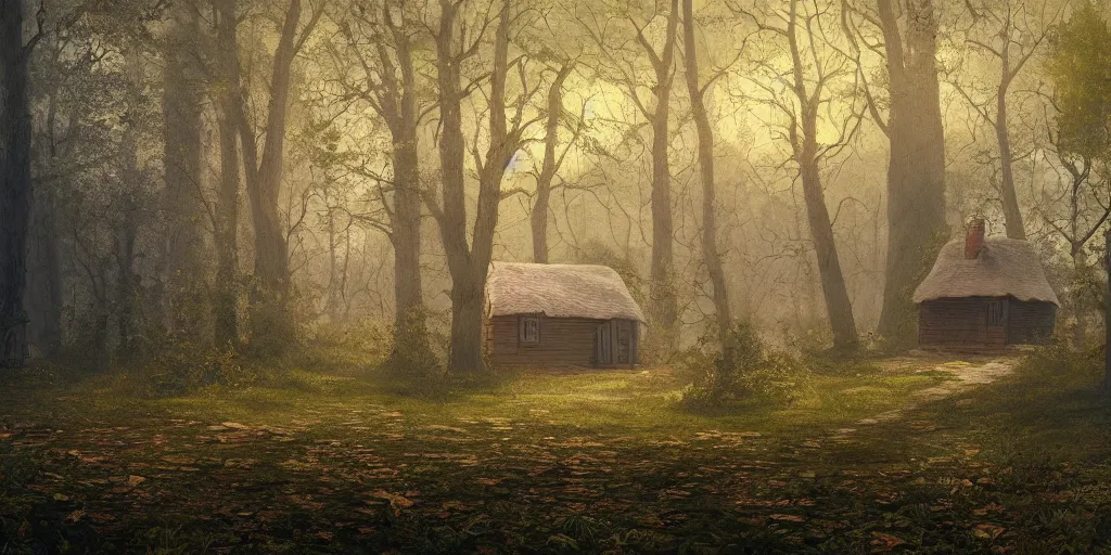 Prompt: a painting of a close up of a single cottage in the woods and empty woods, 8k, fantasy, hyper realistic, atmospheric lighting, cinematic