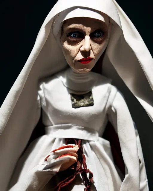 Image similar to a paper mache doll of a dead nun, realistic, very detailed, complex, intricate, studio lighting, superres sharpening, bokeh, sigma 5 0 mm f 1. 4