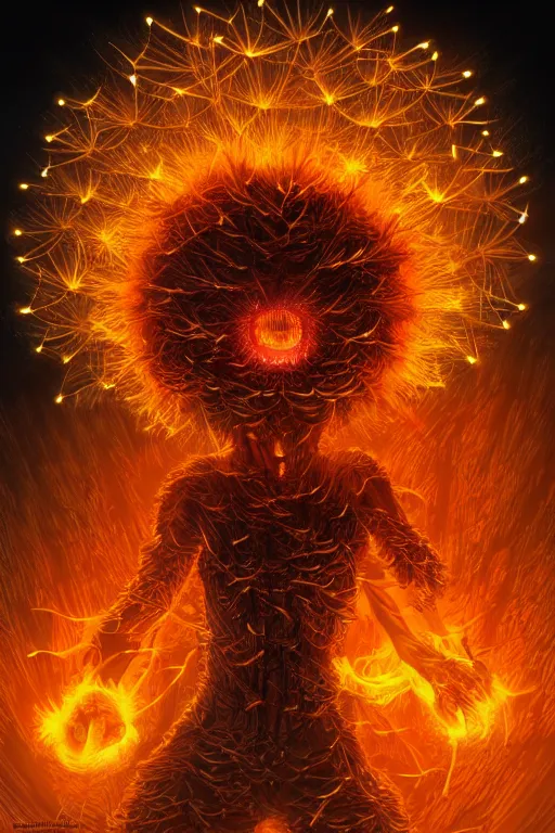 Image similar to a glowing humanoid figure dandelion monster with large glowing eyes, surrounded by blazing orange, highly detailed, digital art, sharp focus, trending on art station, artichoke, anime art style