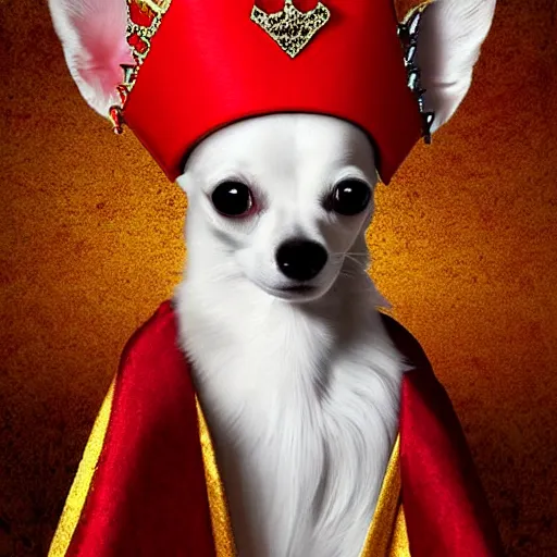 Image similar to long hair white chihuahua king wearing a red and gold crown cinematic composition, digital art, cute