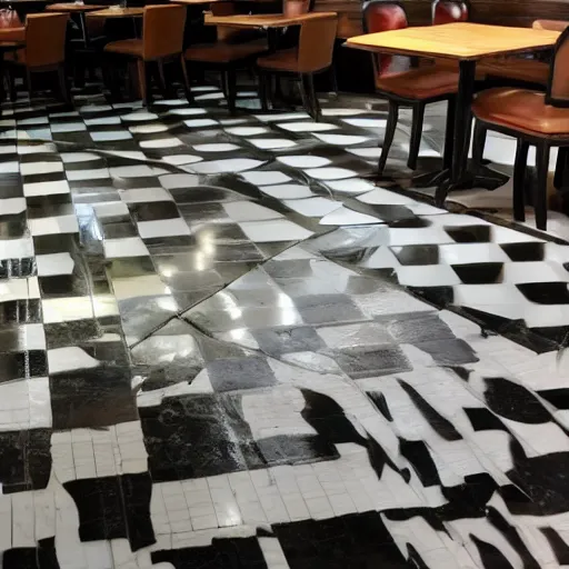 Prompt: photo of a restaurant with checkerboard floors