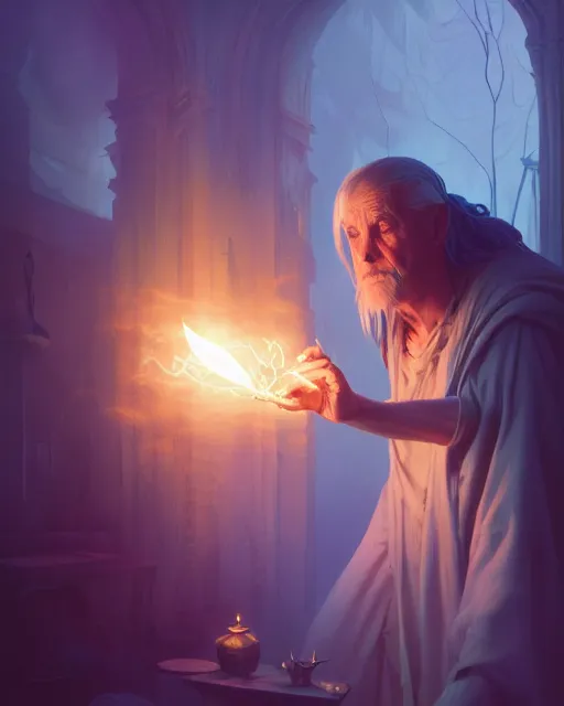 Image similar to old mage casting a light spell, highly detailed vfx portrait, unreal engine, greg rutkowski, loish, rhads, beeple, makoto shinkai and lois van baarle, ilya kuvshinov, rossdraws, tom bagshaw, alphonse mucha, global illumination, detailed and intricate environment