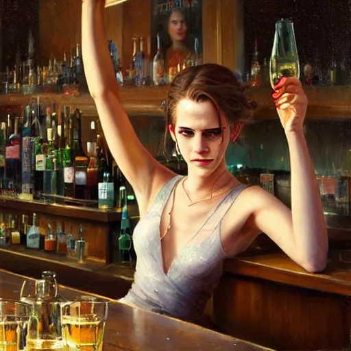 Prompt: highly detailed painting of emma watson drunk in a bar, stephen bliss, 8 k, by greg rutkowski, loish, rhads, artgerm, ferdinand knab, makoto shinkai and lois van baarle, ilya kuvshinov, rossdraws, global illumination, radiant light, detailed and intricate environment