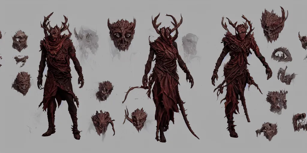 Image similar to flesh and wood mask rogue demon design, character sheet, 3d render, Greg Rutkowski, Zabrocki, Karlkka, Jayison Devadas, Phuoc Quan, trending on Artstation, 8K, ultra wide angle, zenith view, pincushion lens effect