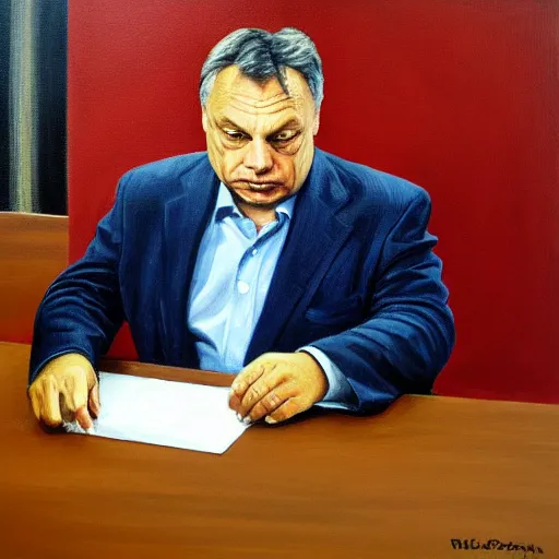 Image similar to viktor orban programming in a cubicle, oil painting