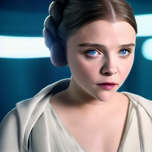 Prompt: Adult Chloe Moretz as Princess Leia, movie scene, XF IQ4, 150MP, 50mm, F1.4, studio lighting, professional, Look at all that detail!, Amazing!, Dolby Vision, UHD