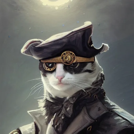 Image similar to portrait, male humanoid cat, eye patch on one eye, black fur, pirate, doctor, pirate clothes, d & d, fantasy, intricate, elegant, highly detailed, digital painting, artstation, concept art, matte, sharp focus, illustration, art by artgerm and greg rutkowski and alphonse mucha