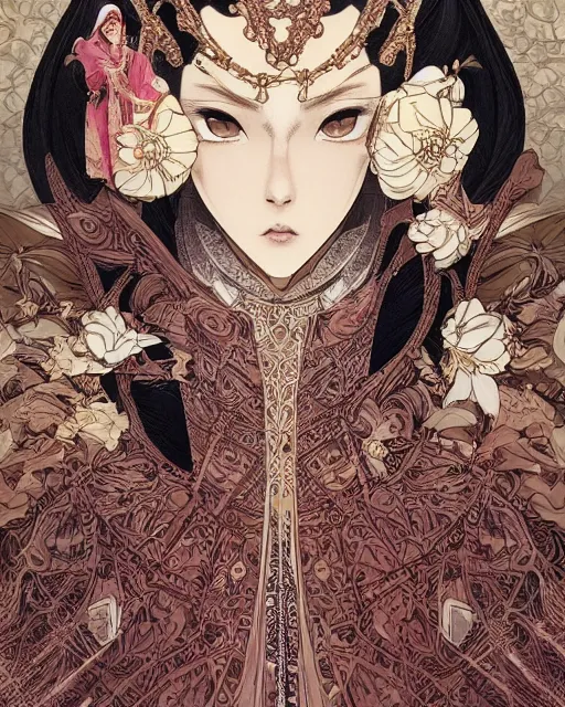 Prompt: portrait of a queen, elegant, beautiful, mesmerizing, concept art, fancy clothing, highly detailed, inspired by otoyomegatari manga, artstation, behance, deviantart, trending, ayami kojima, shinichi sakamoto, kaoru mori