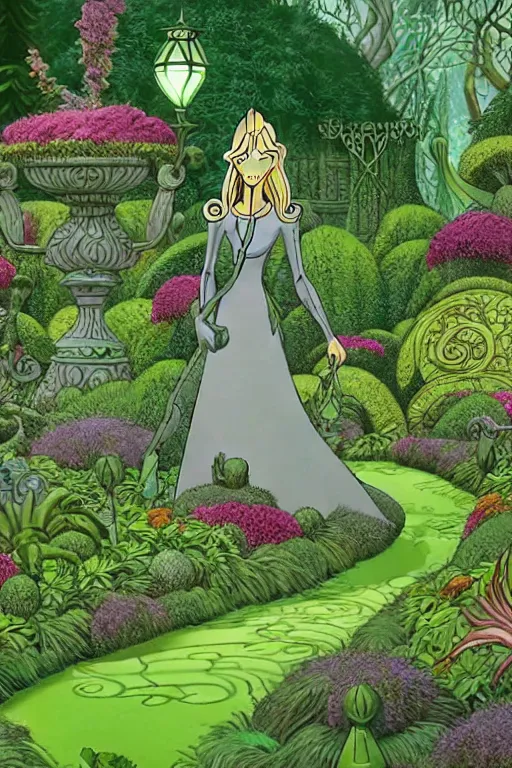 Image similar to intricate detailed Garden, Green Witch Walking her Garden, magical garden plant creatures, enchanted, life like plants, In The animation style of X-Men: The Animated Series, high detail, max upscale