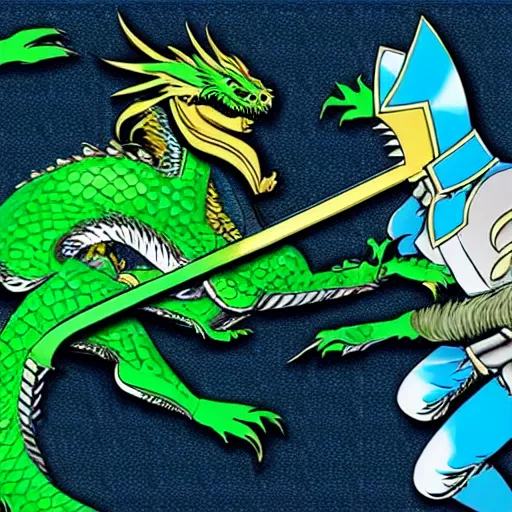 Prompt: dragon fight vs knight in green car with blue armor and a gold sword, berserk, manga