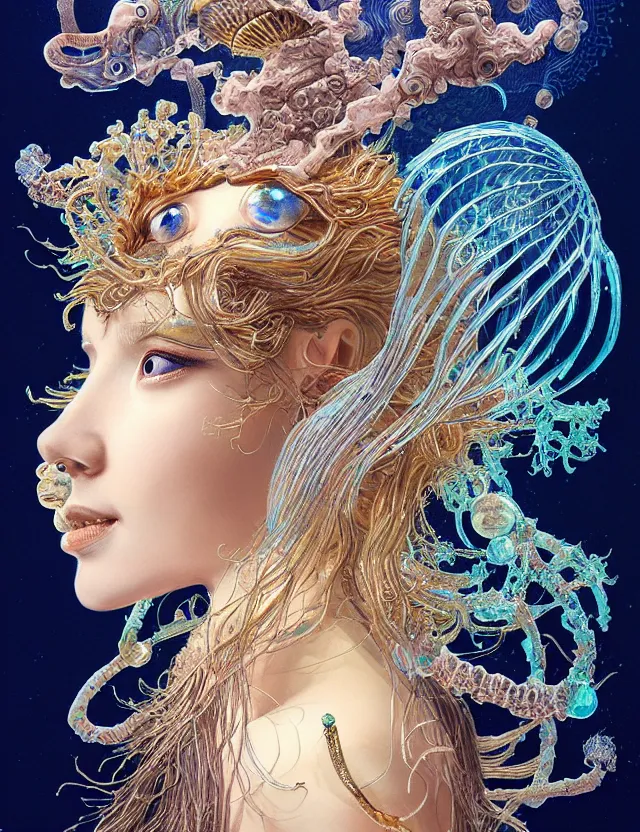 Image similar to goddess macro shouler portrait from bottom to top in crown made of ram skull. betta fish, jellyfish phoenix, bioluminiscent, plasma, ice, water, wind, creature, super intricate ornaments artwork by tooth wu and wlop and alex prager and greg rutkowski