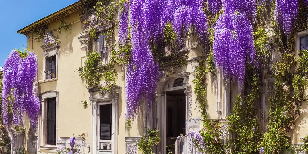 Prompt: photo of a rococo house with wisteria flowers, wallpaper, arhitectural shot, national geographic, award arhitectural photography, professional arhitectural photography, sunny, day time, beautiful, warm light, fernando guerra, tekla evelina severin, karen vikke