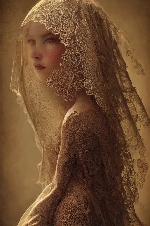 Image similar to a beautiful ultradetailed vintage photo of a veiled cyborg, by tom bagshaw and anna dittman, embroidered lace chapel veil, portrait, vignette, 3 5 mm lens, golden ratio composition, detailed face, studio photography, very detailed, humanoids, industrial robots, artstation, 8 k, highly coherent