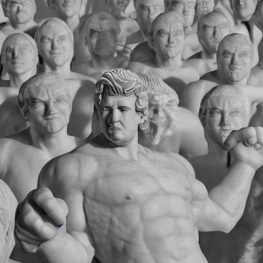 Image similar to close up photo of highly detailed marble statue of donald trump in a museum with a large crowd of gray aliens observing, far future, 8 k, 1 5 0 mp,